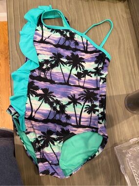 Girls Tropical Palm Ruffle One-Piece Swimsuit - Teal & Purple Sunset